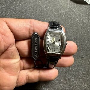 Bret roberts ladies quartz watch silver tone roman numeral dial black strap